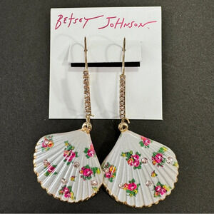 BETSEY JOHNSON Gold-Tone Faux White Floral Shell & Crystals Dangle Earrings NWT